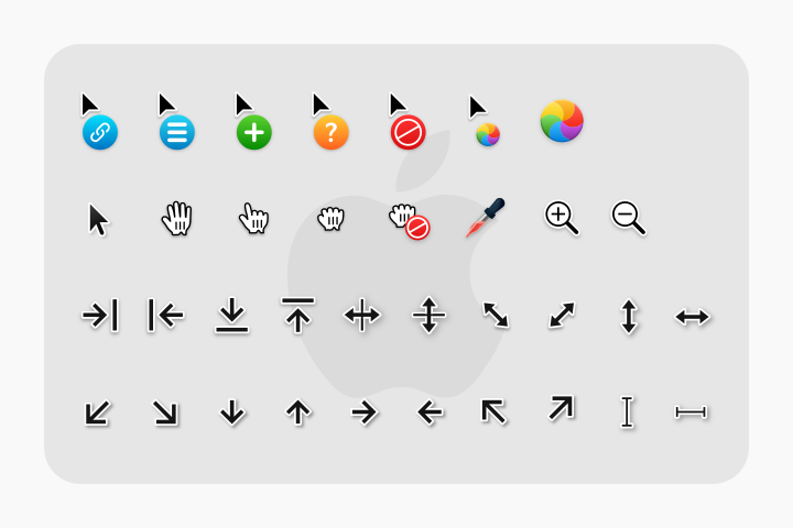 macKali WhiteSur Vector Cursor Theme Preview displaying arrows, hand pointers, resize handles, and busy spinners